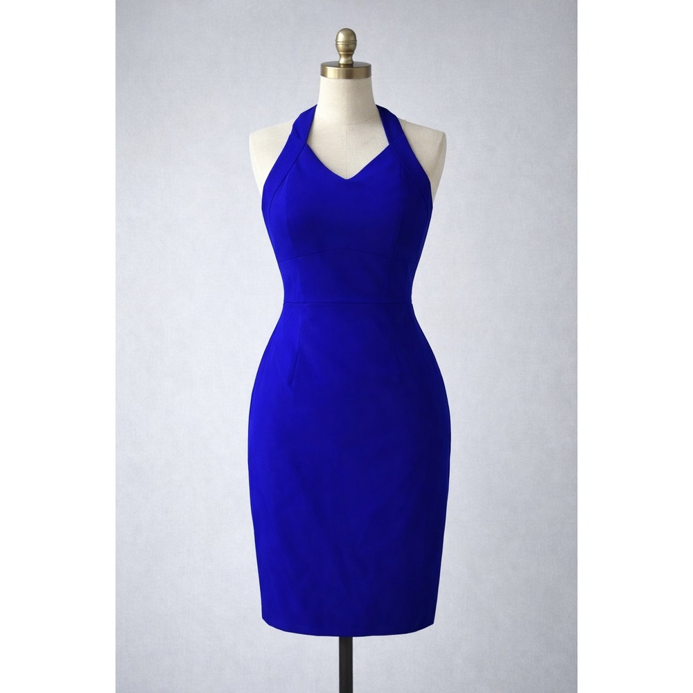 CBR Halter Bodycon Dress Women S‎ Royal Blue NEW V-Neck Cocktail Midi Slit